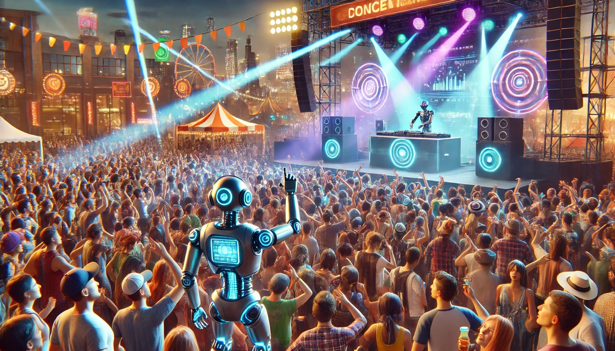 A vibrant outdoor concert festival scene with a large crowd of people enjoying the music.