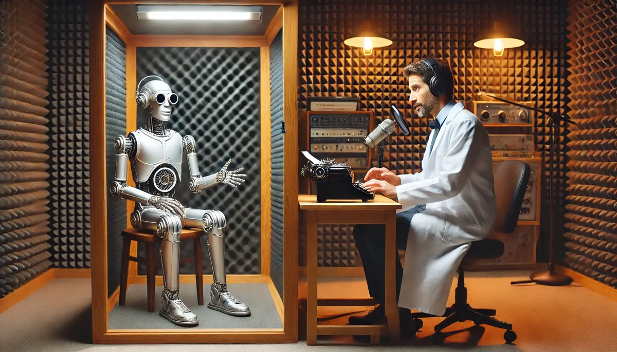A scientist and a robot sit in a soundproof studio, recording a podcast together using a vintage typewriter and microphone.