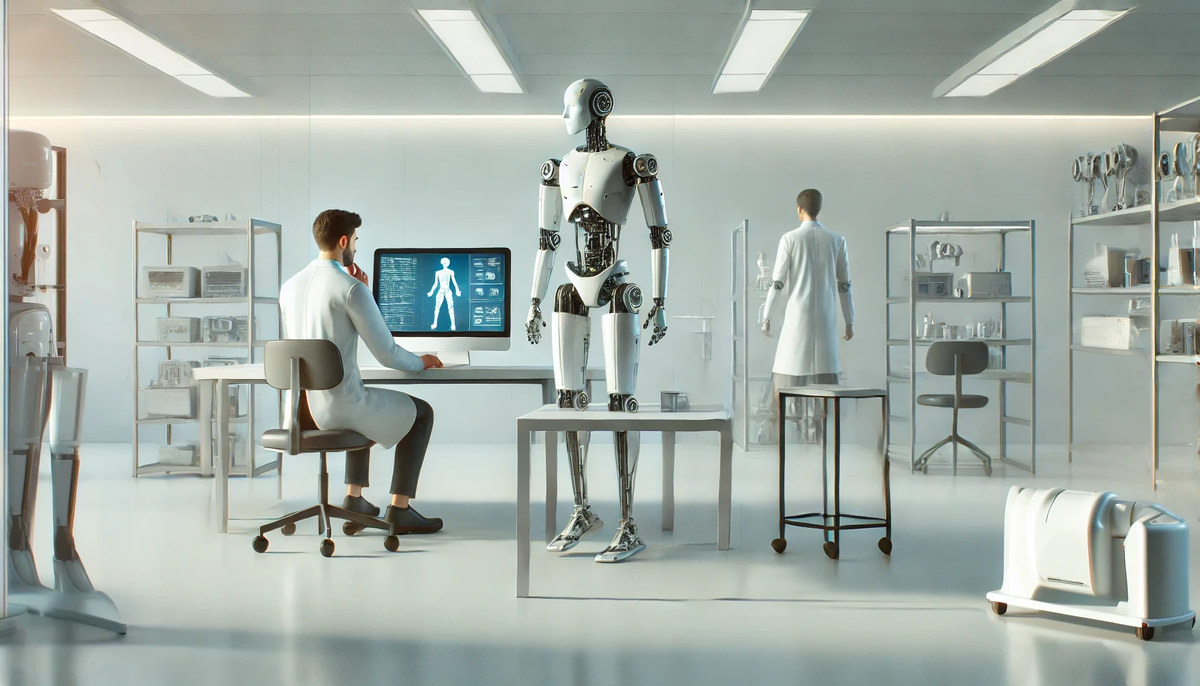 A minimalist high-tech laboratory with two scientists working.