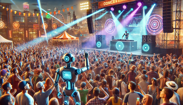 A vibrant outdoor concert festival scene with a large crowd of people enjoying the music.