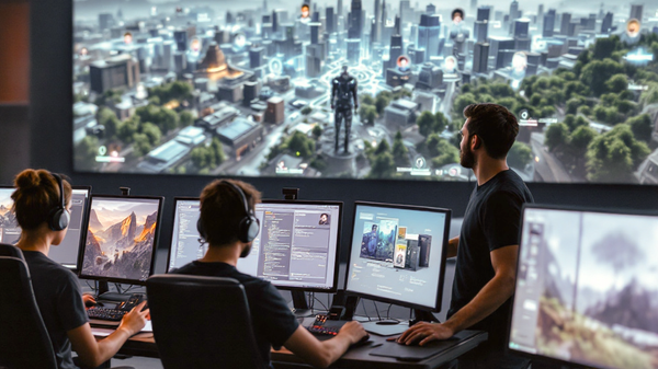 Game developers using AI to build a 3D world.