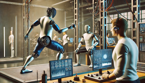 Robots fencing in a high-tech lab while a human operator monitors data on multiple screens.