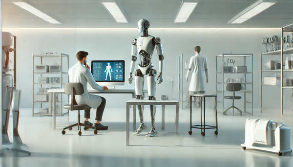 A minimalist high-tech laboratory with two scientists working.